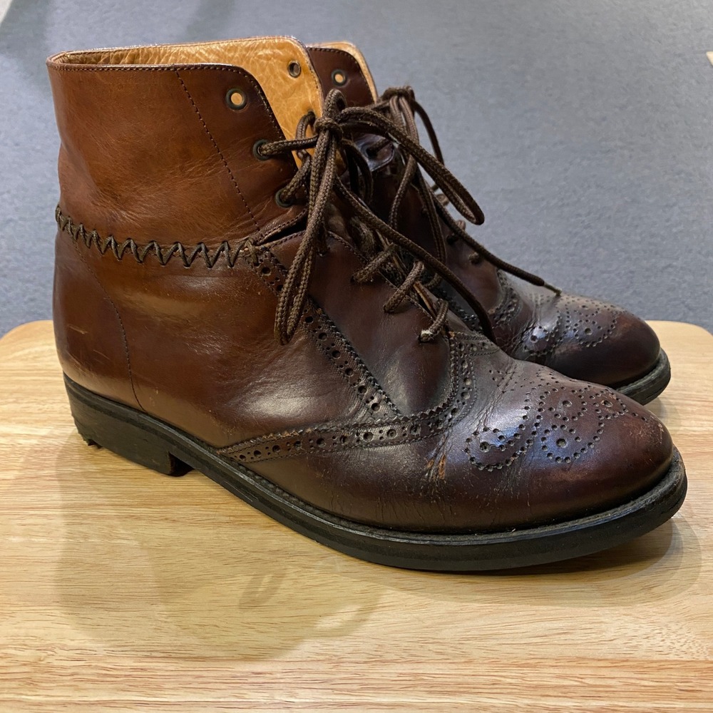 Vintage Dries Van Noten Wingtip Boots Mens Brown Leather Brogue Docking 90s